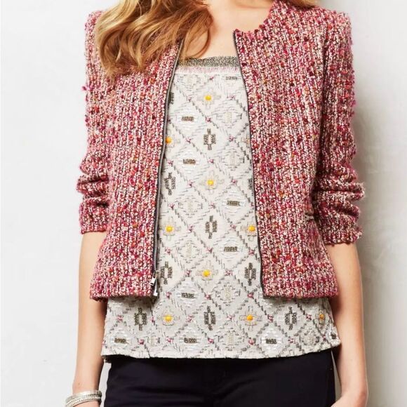 Anthropologie Cartonnier Pink Multicolor Rosily Tweed Jacket Size 4 - Picture 1 of 14